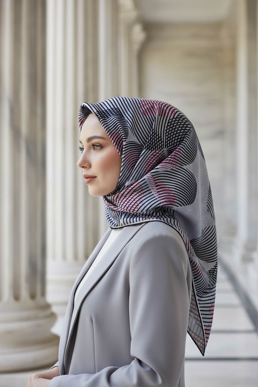 %100 Twill İpek Çizgili Çiçek Desenli Siyah - Kırmızı Renkli 90x90 Eşarp Dikim Şekli : El Dikişi