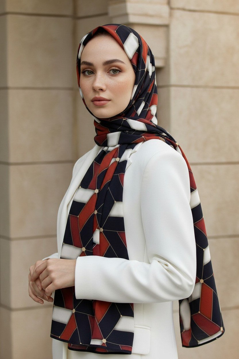 KREP GEOMETRİK DESENLİ KIRMIZI RENKLİ 75X195 KIRIŞMAZ ŞAL