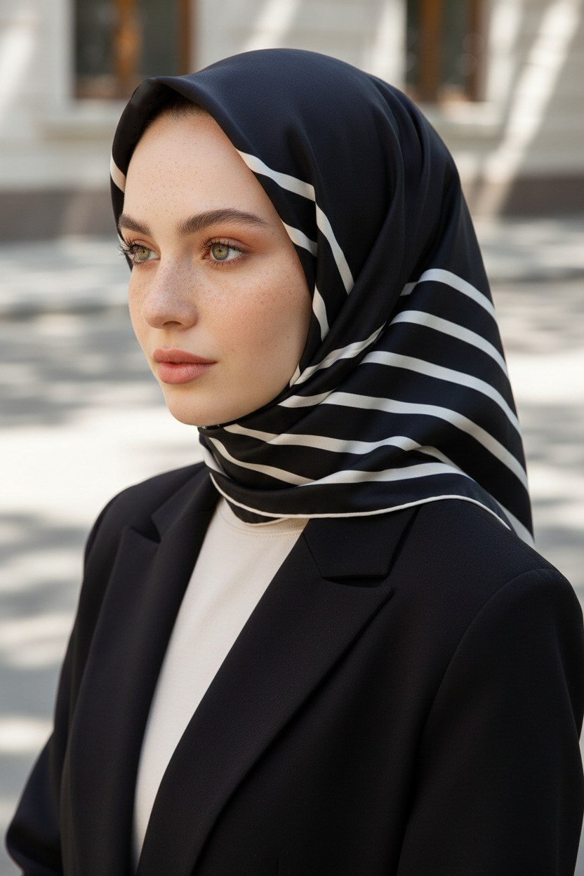 %100 Twill İpek Çizgili Desenli Siyah - Krem Renkli 90x90 Eşarp Dikim Şekli : El Dikişi