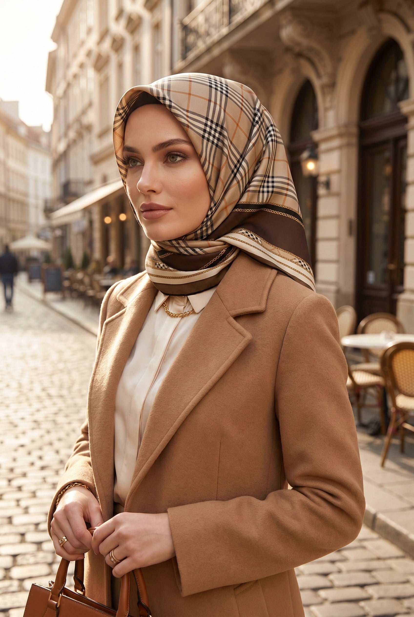 %100 Twill İpek Ekose Desenli Kahverengi Renkli 90x90 Eşarp Dikim Şekli : El Dikişi