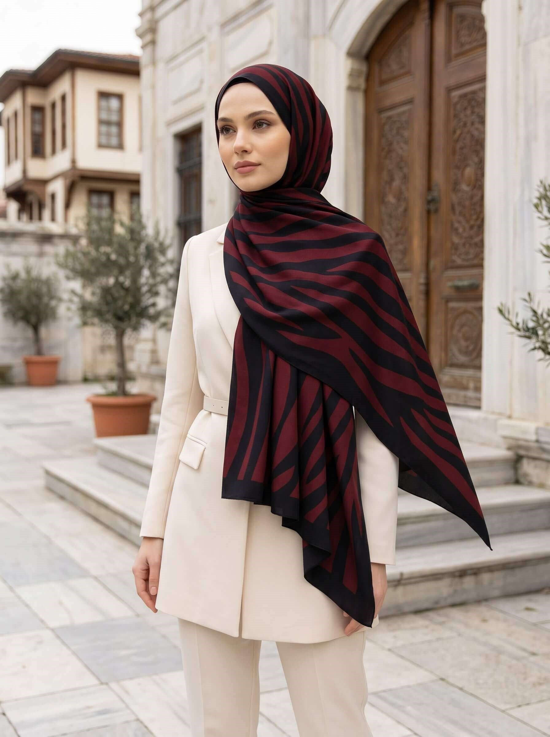 Kırışmaz Krep Şal Zebra Desenli Siyah Kırmızı – Ütü İstemez Kolay Şekil Alır 75x195 cm