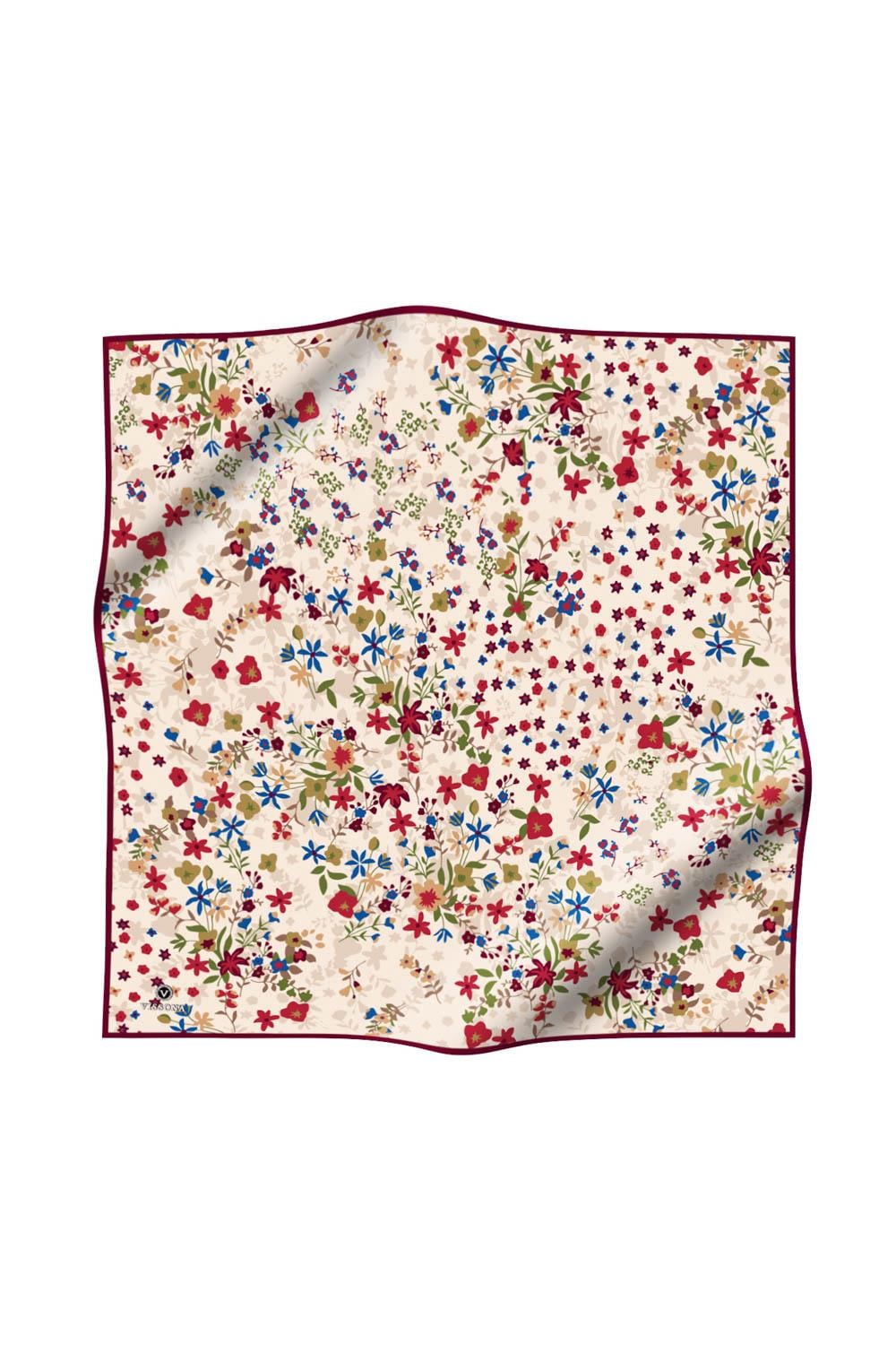 %100 Twill İpek Çıtır Çiçek Desenli Krem - Bordo Renkli 90x90 Eşarp Dikim Şekli : El Dikişi