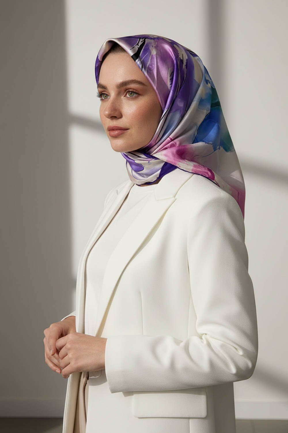 %100 Twill İpek Sulu Boya Çiçek Desenli Mor Renkli 90x90 Eşarp Dikim Şekli : El Dikişi