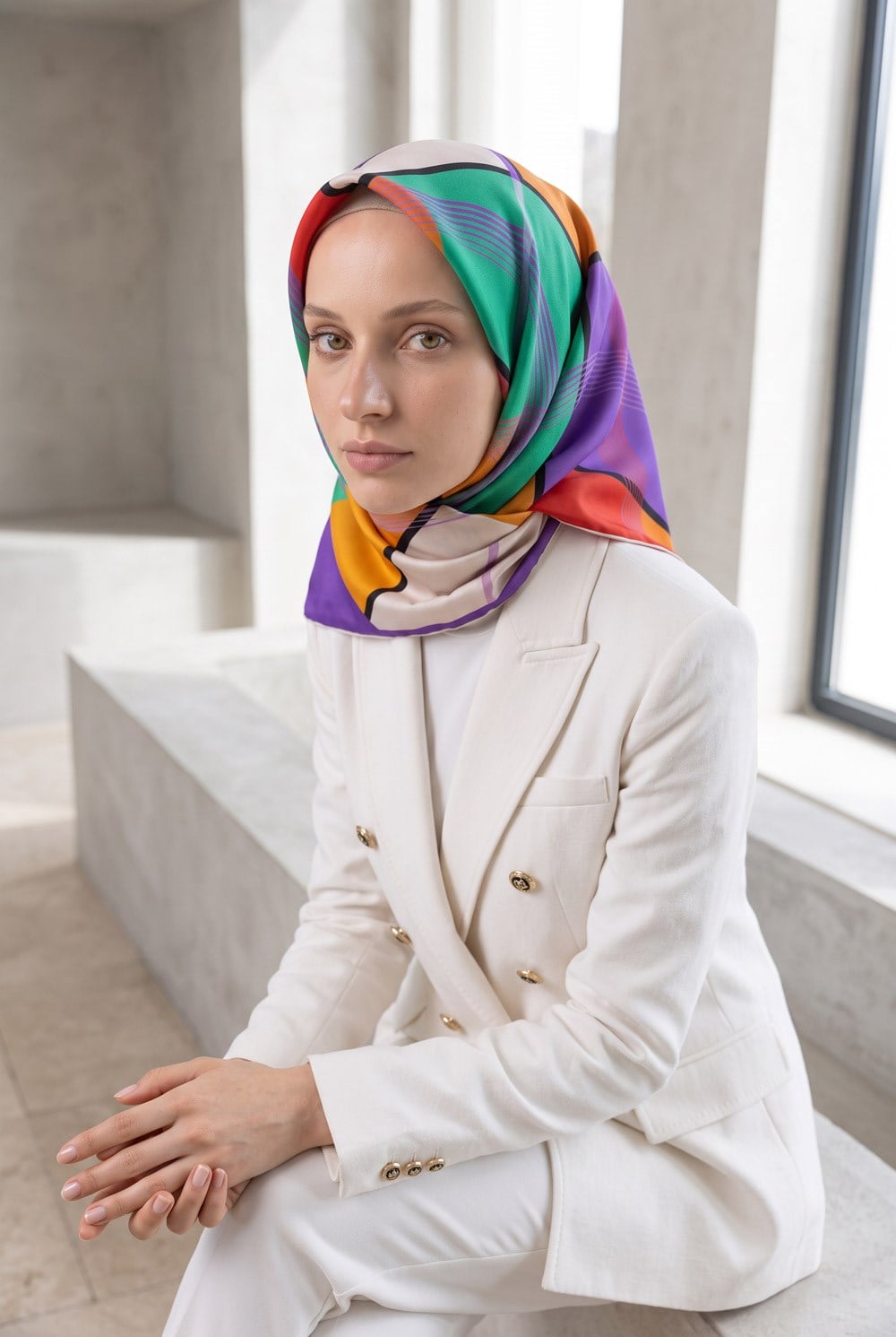 %100 Twill İpek Geometrik Desenli Mor - Kırmızı Renkli 90x90 Eşarp Dikim Şekli : El Dikişi