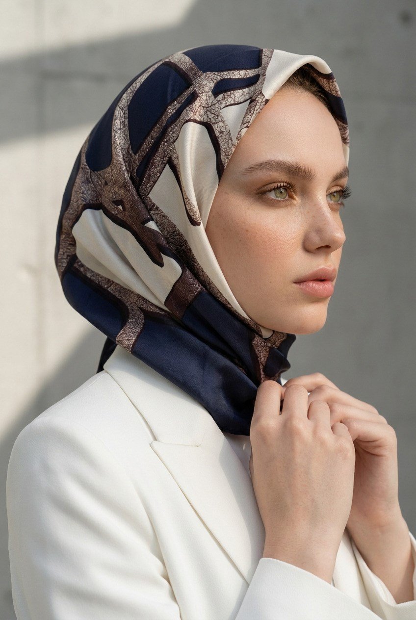 % 57 İPEK % 43 VİSKON Twill İpek Gold Efektli Geometrik Desenli Lacivert - Krem Renkli 90x90 Eşarp Dikim Şekli : El Dikişi
