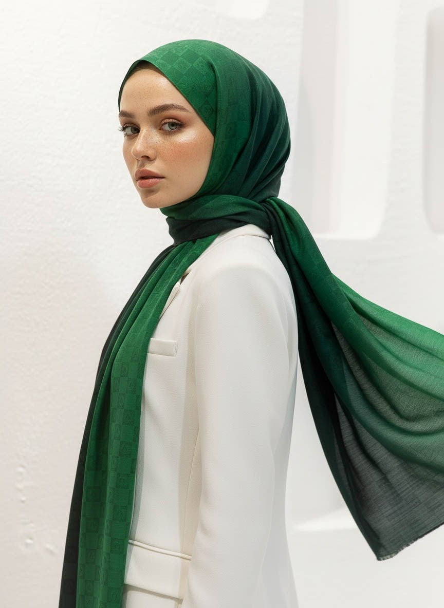 Vissona %57 İPEK %43 PAMUK Degrade Desenli Zümrüt Yeşili Renkli Şal -  70x190 Dikiş Tipi İtalyan Dikişli