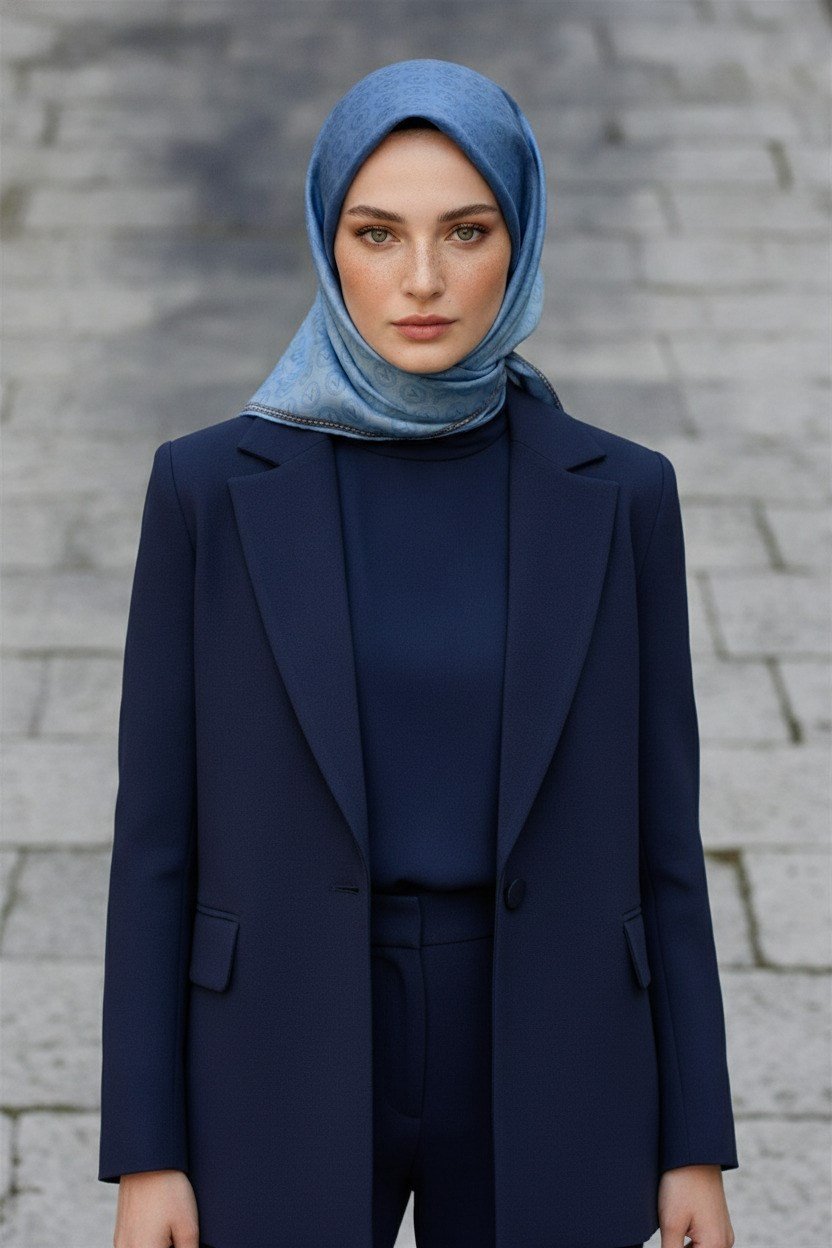% 57 İPEK % 43 VİSKON Twill İpek Monogram Desenli Bebe Mavisi Renkli 90x90 Eşarp Dikim Şekli : El Dikişi
