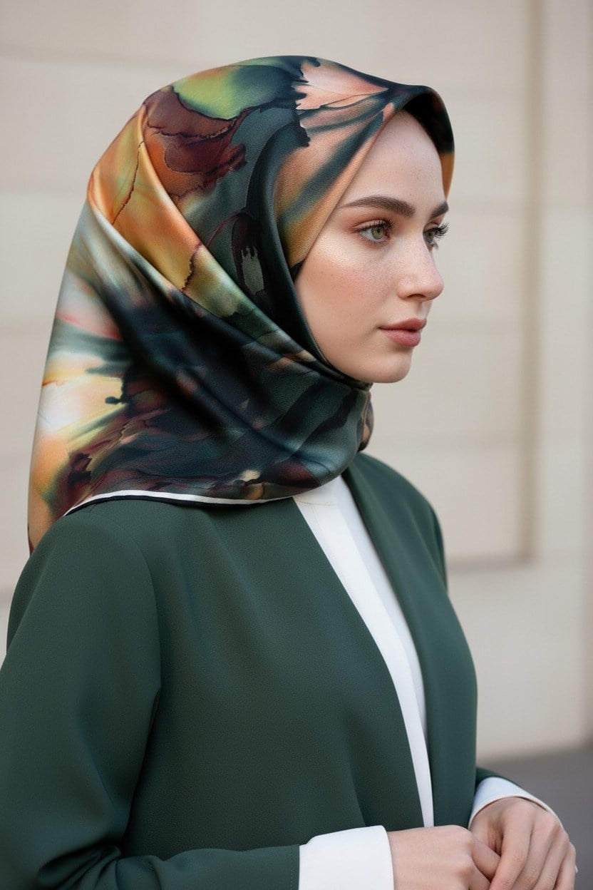 %100 Twill İpek Batik Çiçek Desenli Zümrüt Yeşili - Hardal Renkli 90x90 Eşarp Kenar Dikiş Şekli El Dikişli