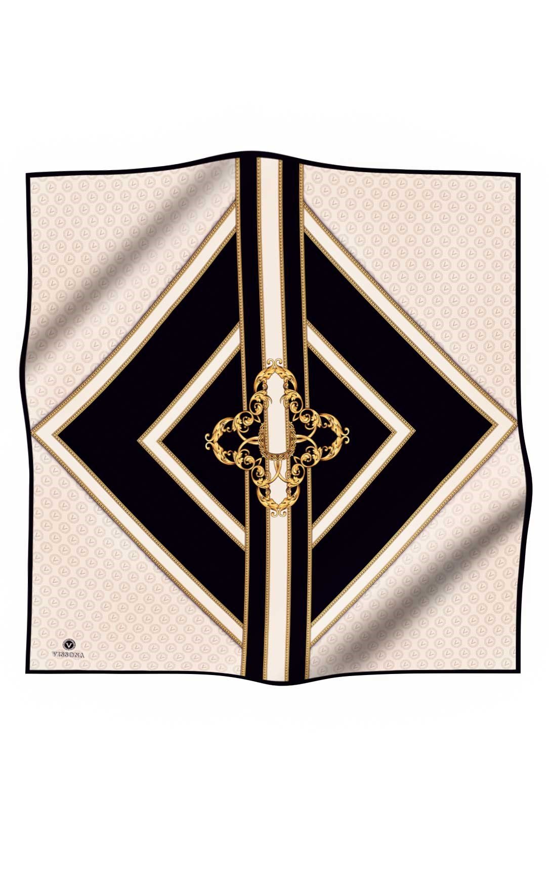 %100 Twill İpek Monogram ve Barok Desenli Krem - Siyah Renkli 90x90 Eşarp Dikim Şekli : El Dikişi