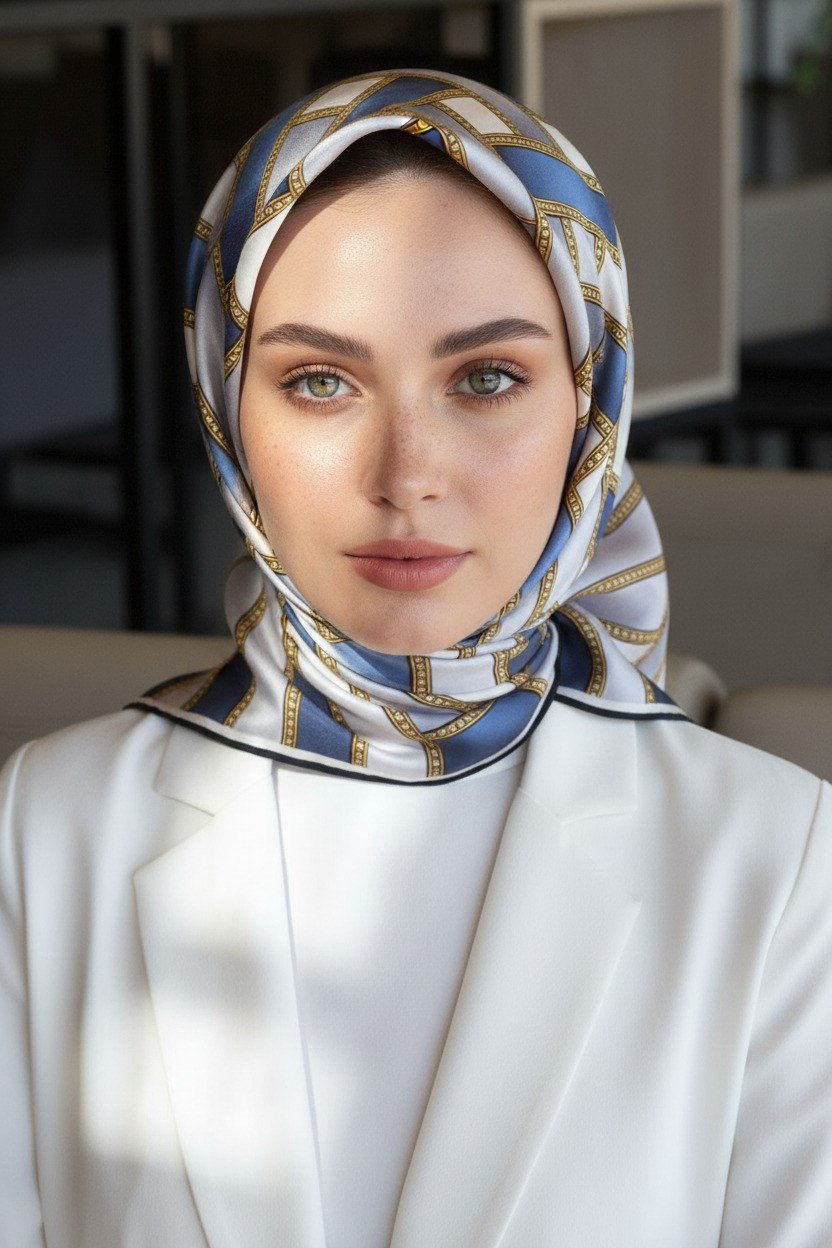 %100 Twill İpek Hasır Örgü Desenli İndigo - Gümüş Renkli 90x90 Eşarp Dikim Şekli : El Dikişi
