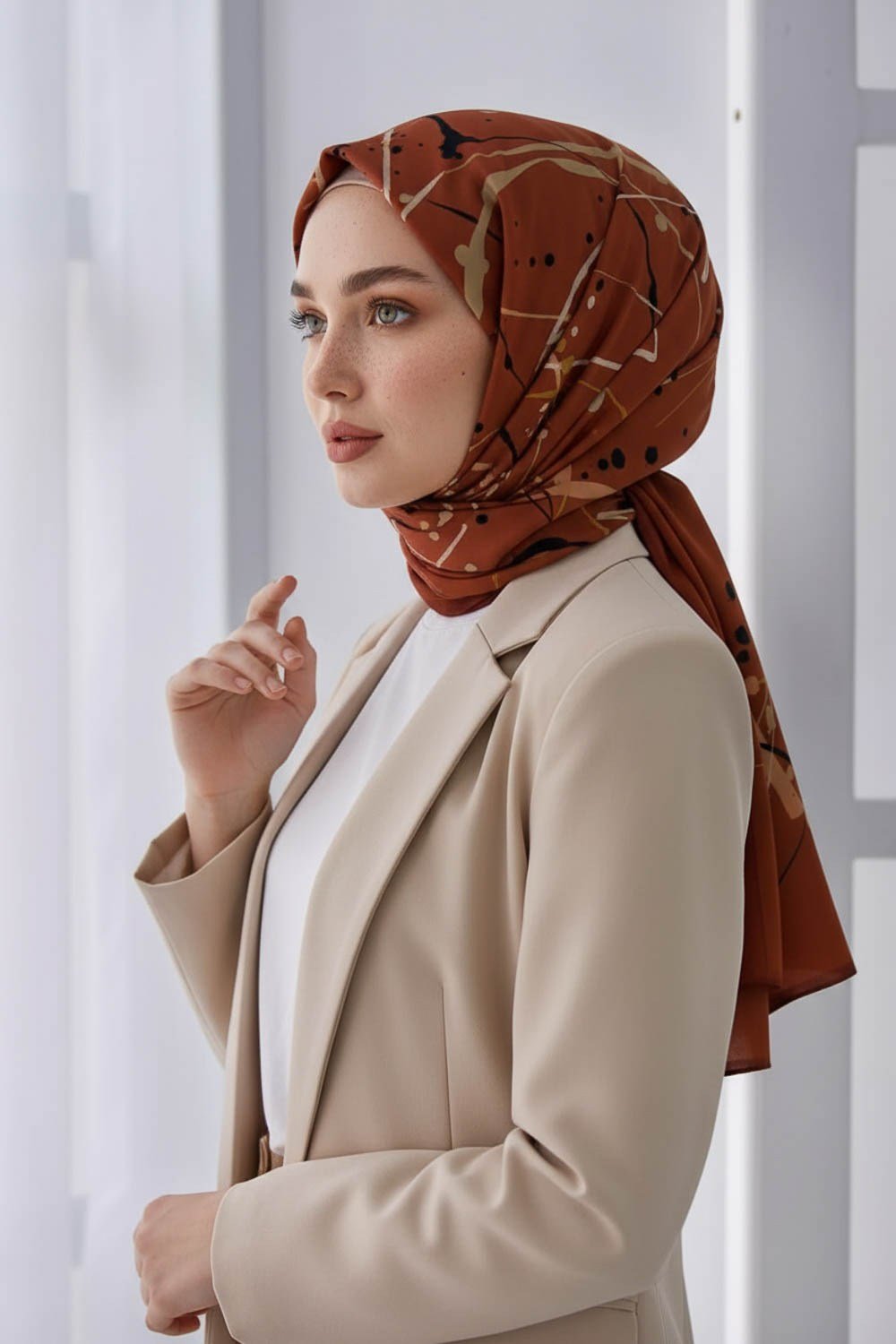 KREP BOYA DAMLASI DESENLİ TABA RENKLİ 75X195 KIRIŞMAZ ŞAL
