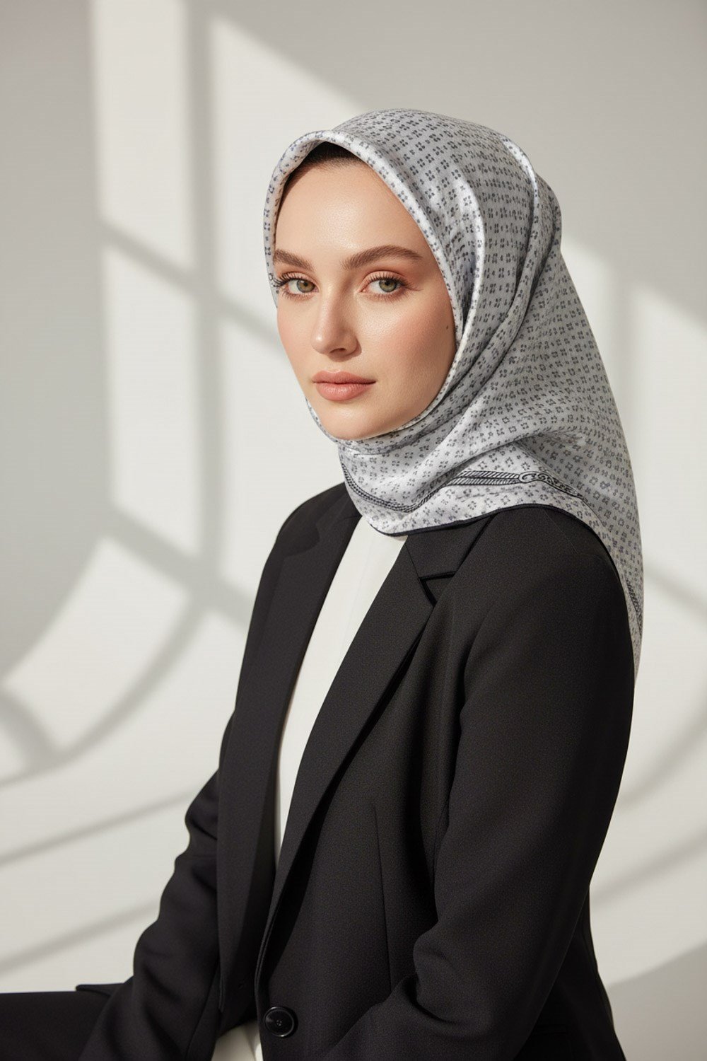 %100 Twill İpek Zincir Desenli Gümüş - Siyah Renkli 90x90 Eşarp Dikim Şekli : El Dikişi