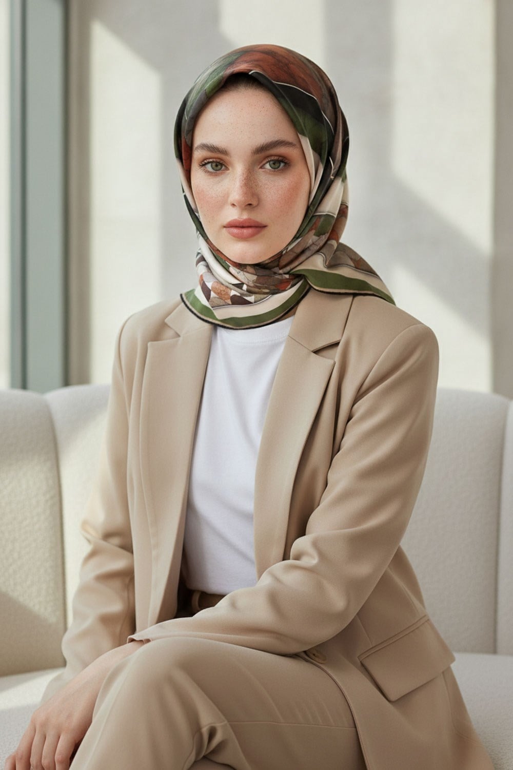 %100 Twill İpek Mermer Efektrli Geometrik Desenli Haki - Gold Renkli 90x90 Eşarp Dikim Şekli : El Dikişi