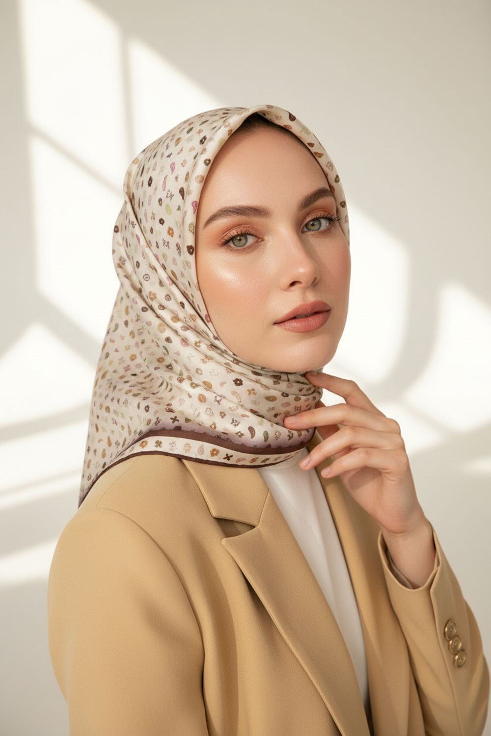 %100 Twill İpek Çıtır Desenli Krem - Kahverengi Renkli 90x90 Eşarp Dikim Şekli : El Dikişi