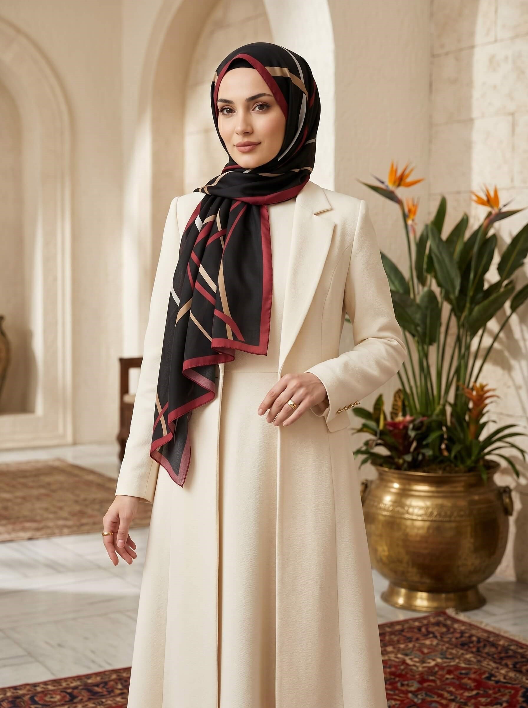 %100 Saf İpek Şal İnce Saten Vual Dokuma Çizgi Desenli Siyah - Bordo Renkli 90x210 Şal