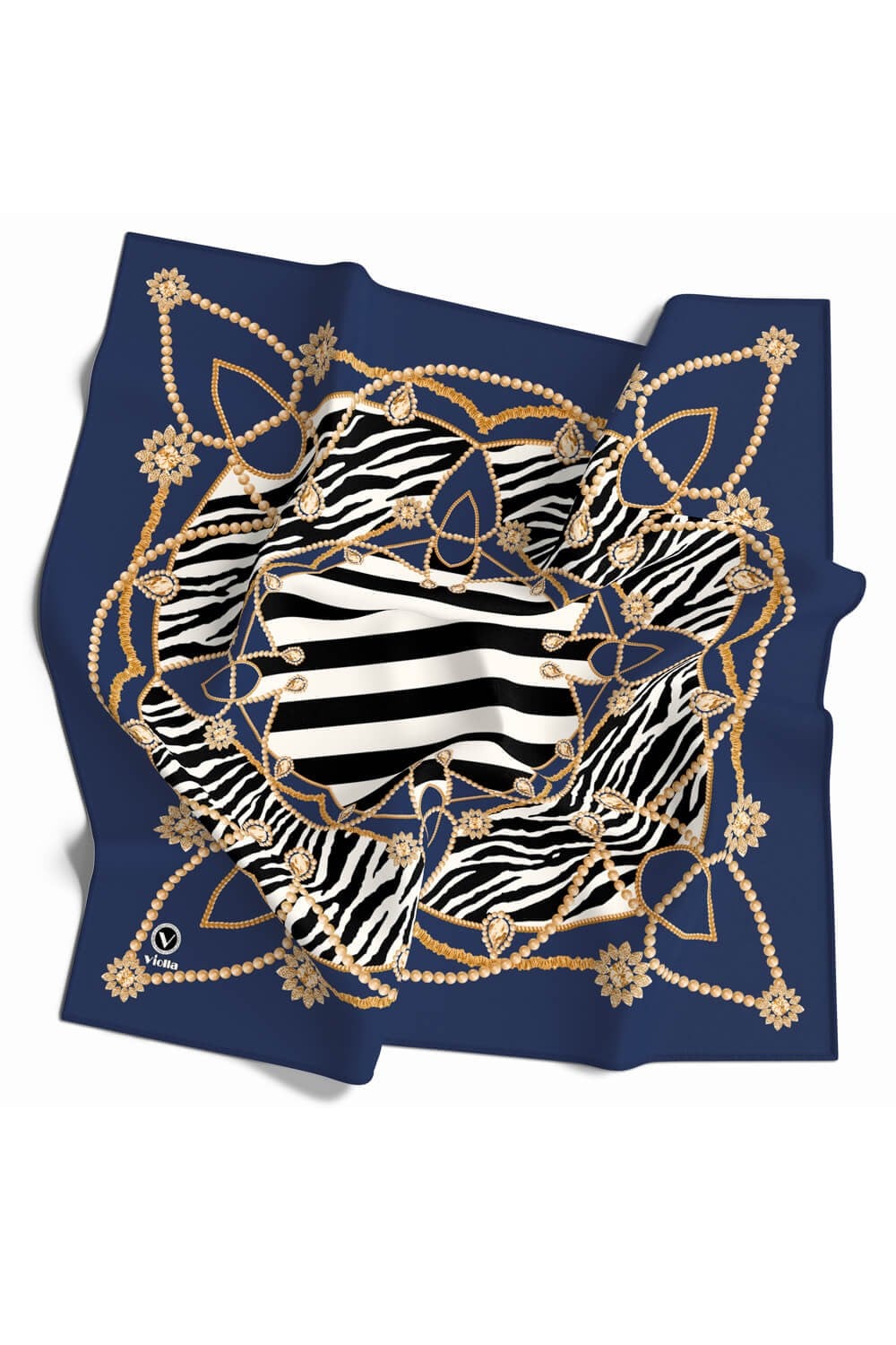 Twill Gold Detaylı Zebra Desenli Lacivert Renkli 90x90 Eşarp (İpek İçermez) Kenar Dikiş Şekli El Dikişli
