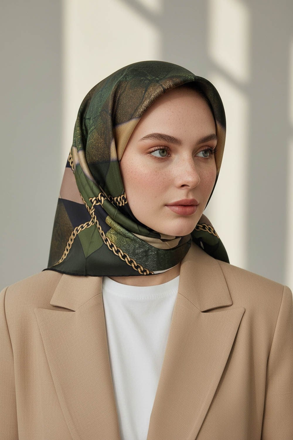 % 57 İPEK % 43 VİSKON Twill İpek Taş Efekti Desenli Haki - Siyah Renkli 90x90 Eşarp Dikim Şekli : El Dikişi