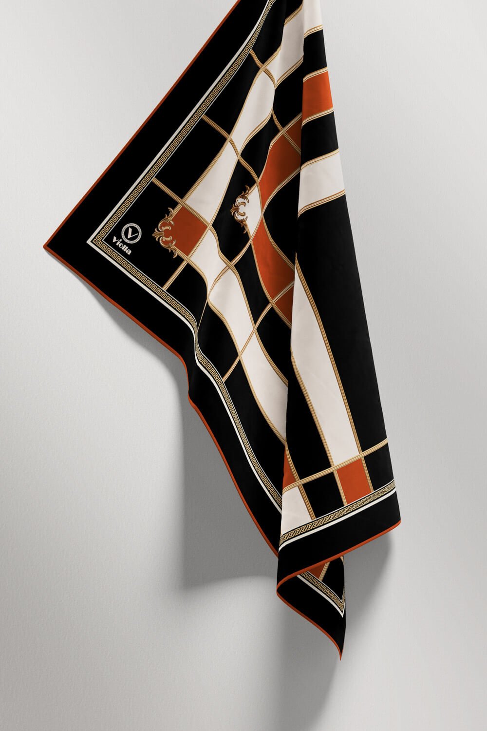 Twill Gold Detaylı Kareli Desenli Taba Renkli 90x90 Eşarp (İpek İçermez) Kenar Dikiş Şekli El Dikişli