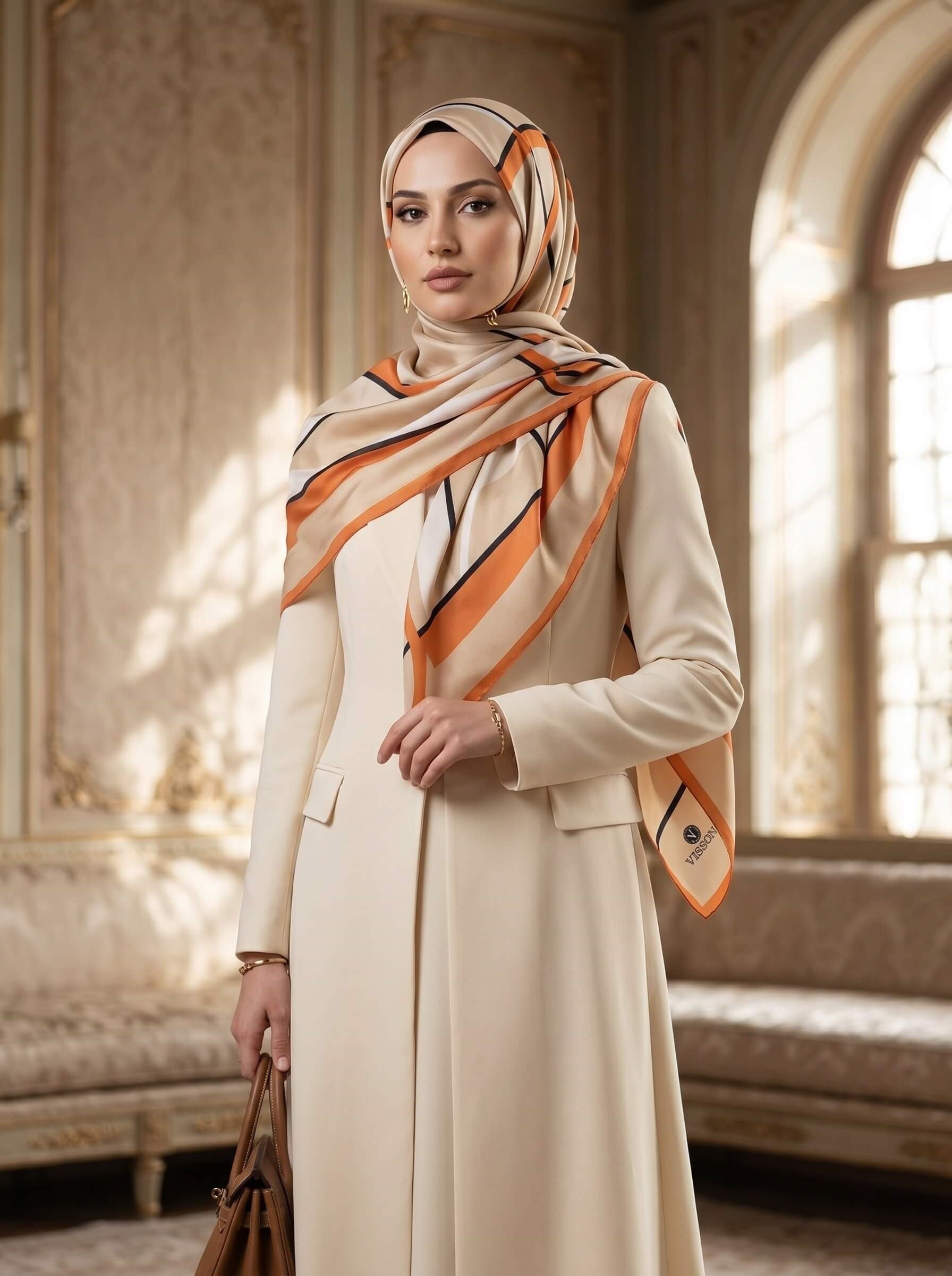 %100 Saf İpek Şal İnce Saten Vual Dokuma Çizgi Desenli Bej - Taba Renkli 90x210 Şal