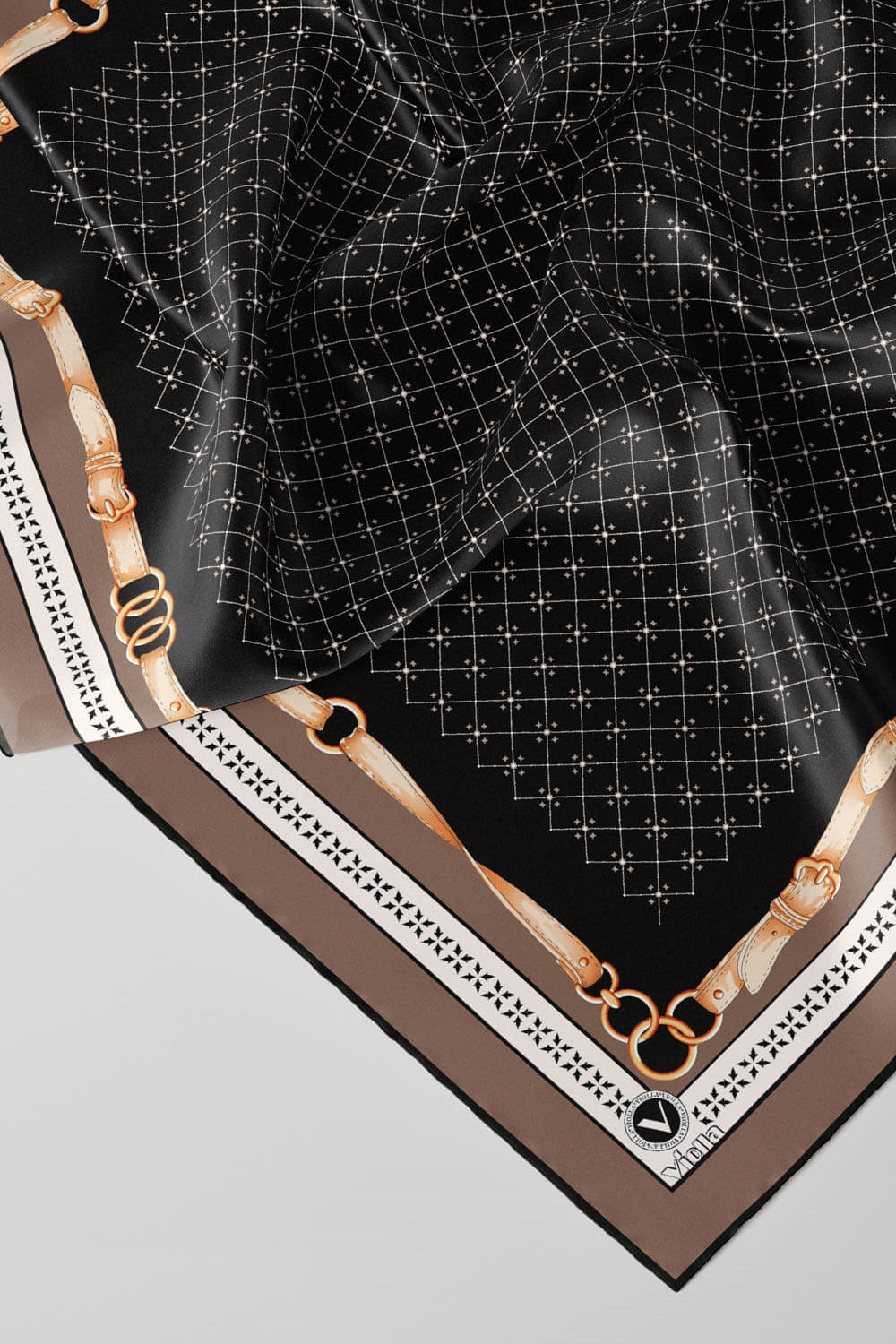 Twill Kemerli ve Çıtır Motifli Desenli Vizon Renkli 90x90 Eşarp (İpek İçermez) Dikim Şekli : El Dikişi