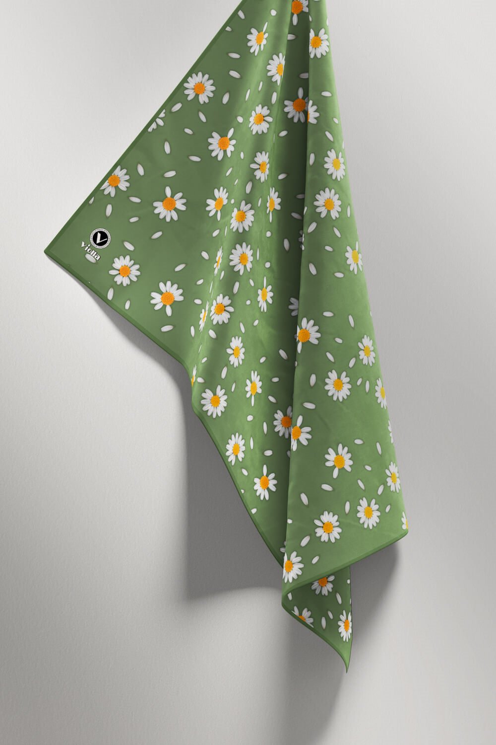 Twill Papatya Desenli Koyu Mint Yeşili Renkli 90x90 Eşarp (İpek İçermez) Kenar Dikiş Şekli El Dikişli