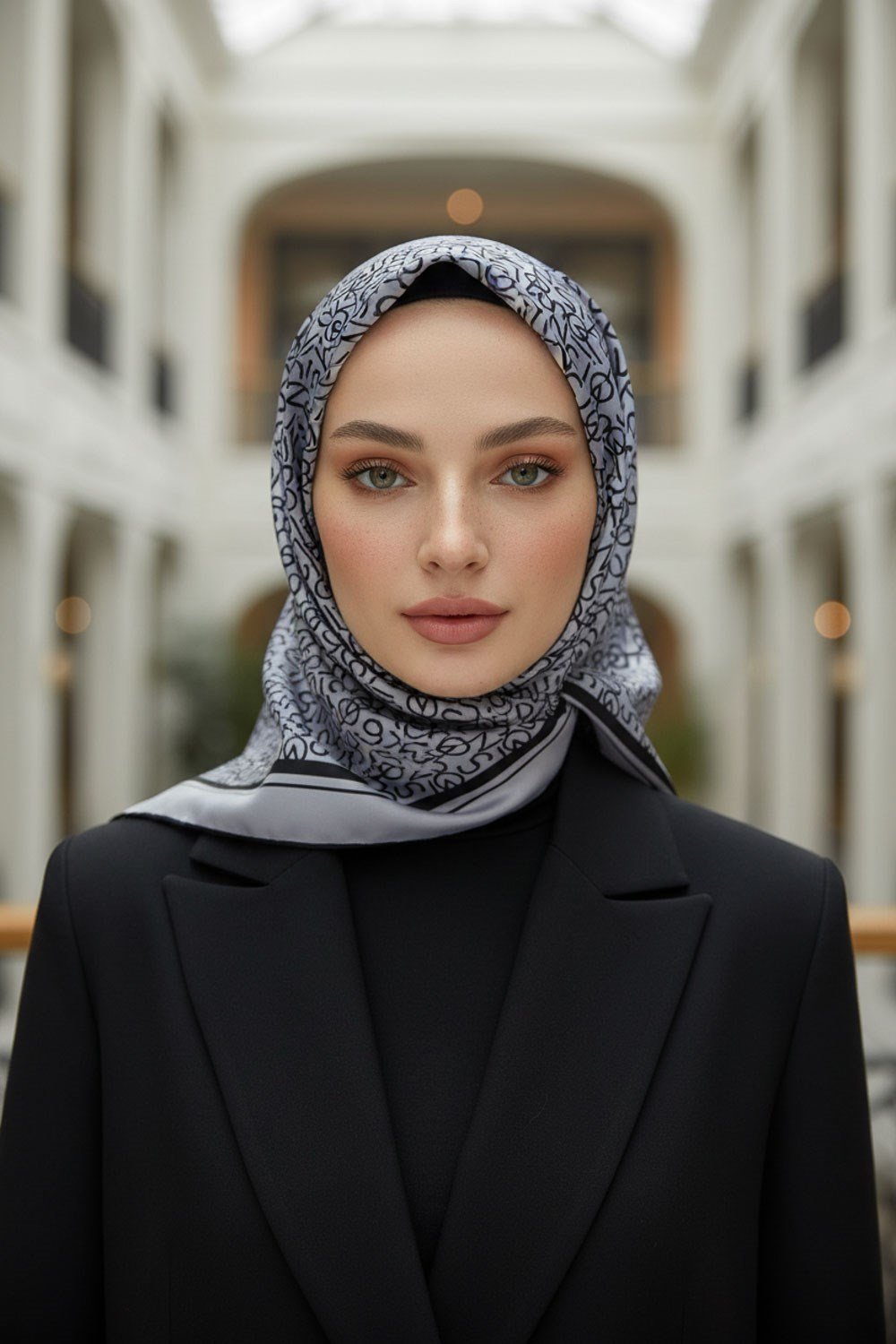 %100 Twill İpek Harf Desenli Gri - Siyah Renkli 90x90 Eşarp Dikim Şekli : El Dikişi