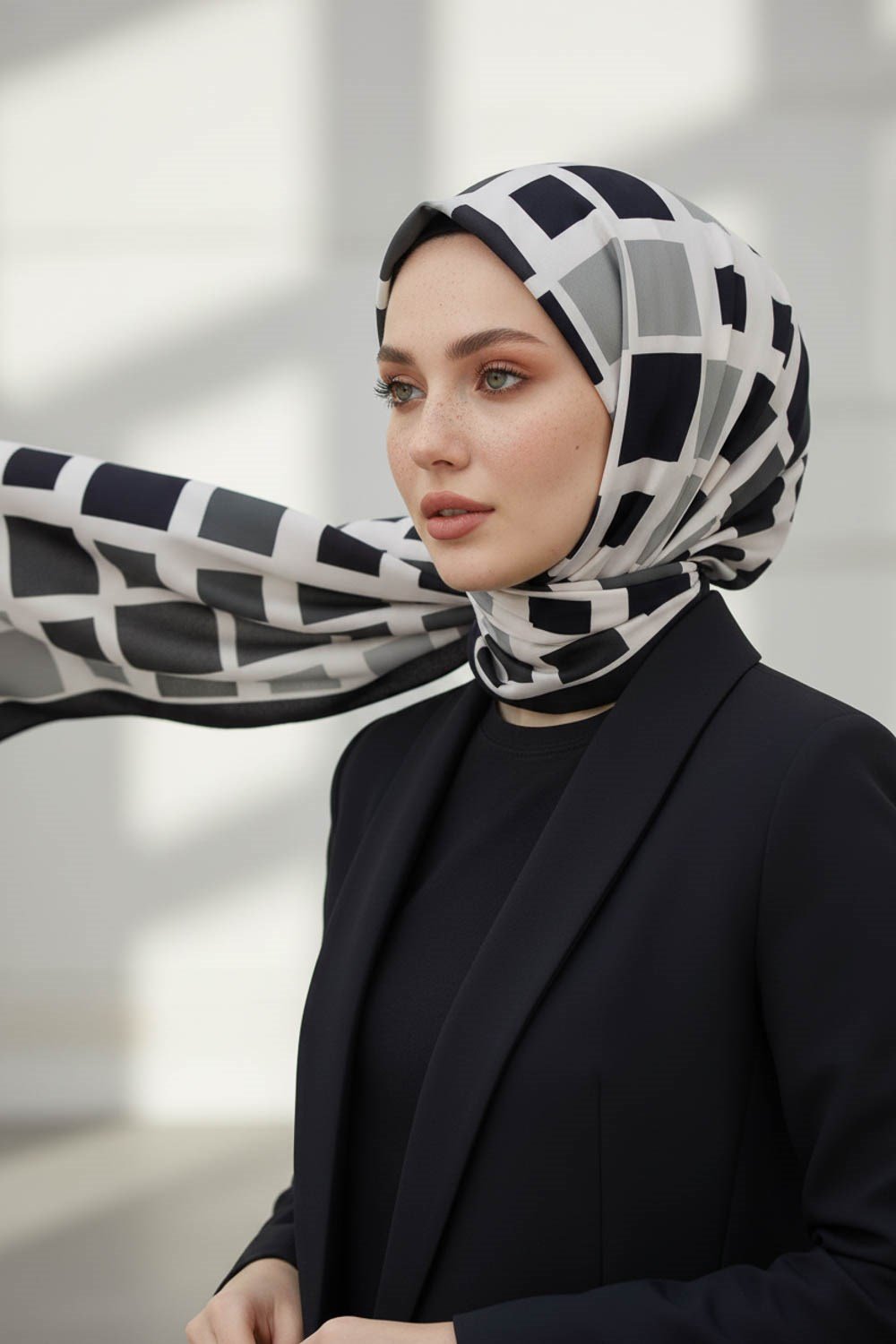 KREP KARE DESENLİ SİYAH RENKLİ 75X195 KIRIŞMAZ ŞAL
