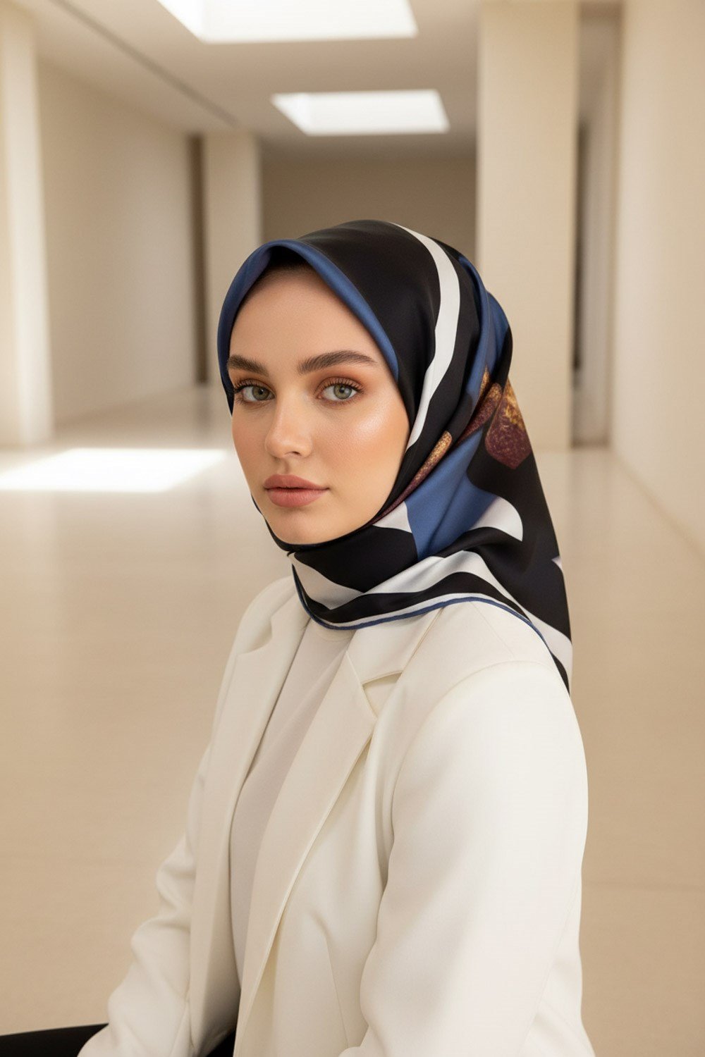 %100 Twill İpek Karo Desenli İndigo - Siyah Renkli 90x90 Eşarp Dikim Şekli : El Dikişi