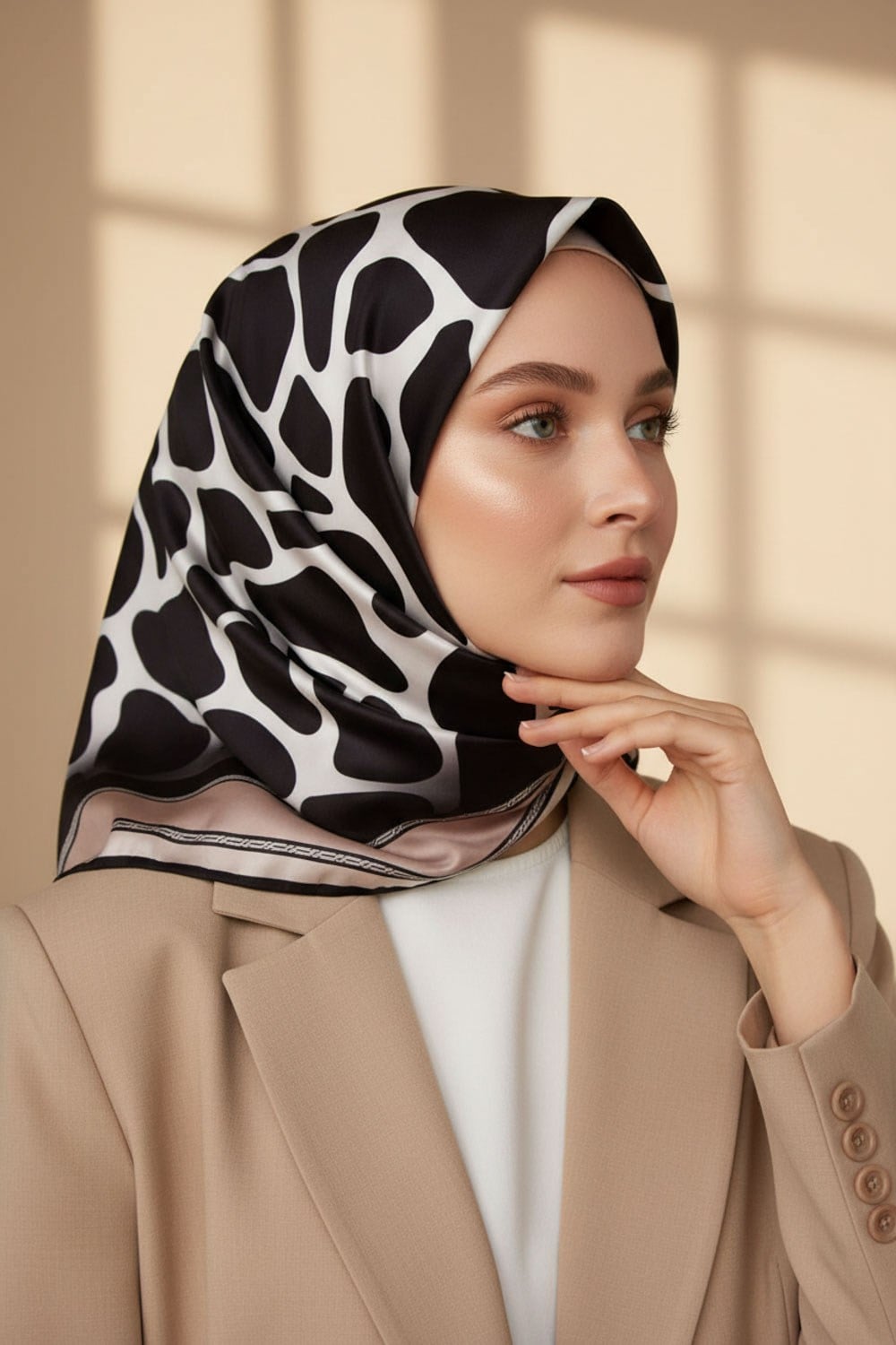 Kristal Taş Desenli Bej Renkli 90x90 Eşarp (İpek İçermez) Dikim Şekli : El Dikişi