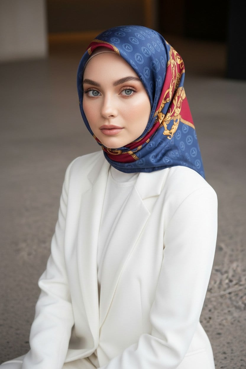 %100 Twill İpek Monogramlı Ve Barok Desenli İndigo - Bordo Renkli 90x90 Eşarp Dikim Şekli : El Dikişi