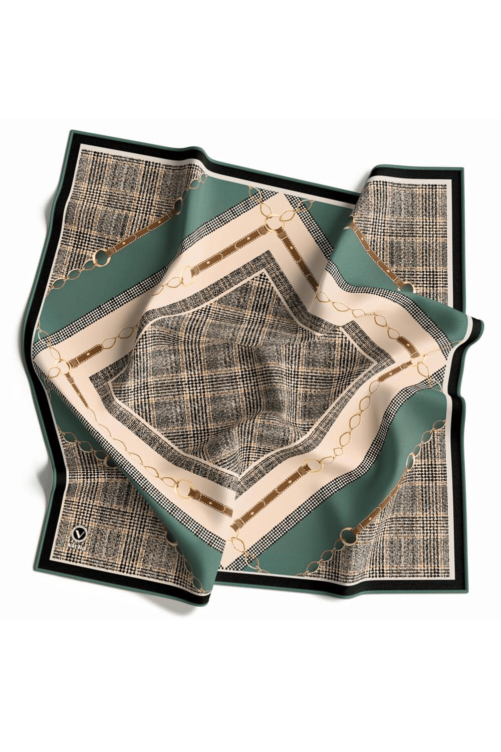 Twill Kemer ve Zincir Detaylı Ekose Desenli Petrol Yeşili Renkli 90x90 Eşarp (İpek İçermez) Kenar Dikiş Şekli El Dikişli