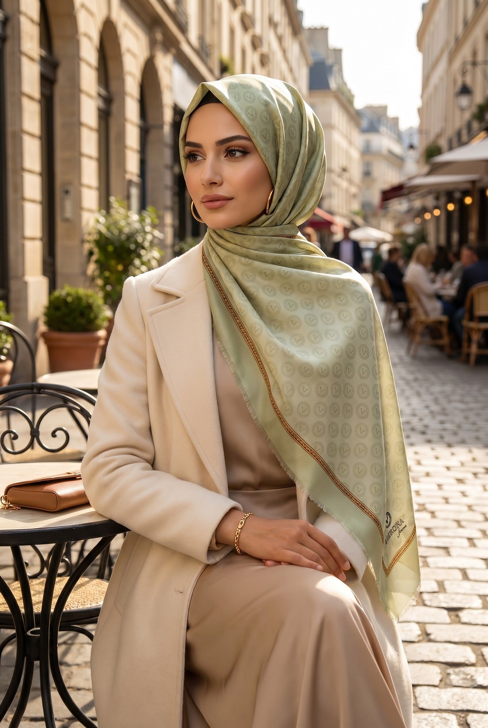 %100 Saf İpek Şal İnce Saten Vual Dokuma Degradeli Ve Monogram Desenli Fıstık Yeşili - Gold Renkli 90x210 Şal