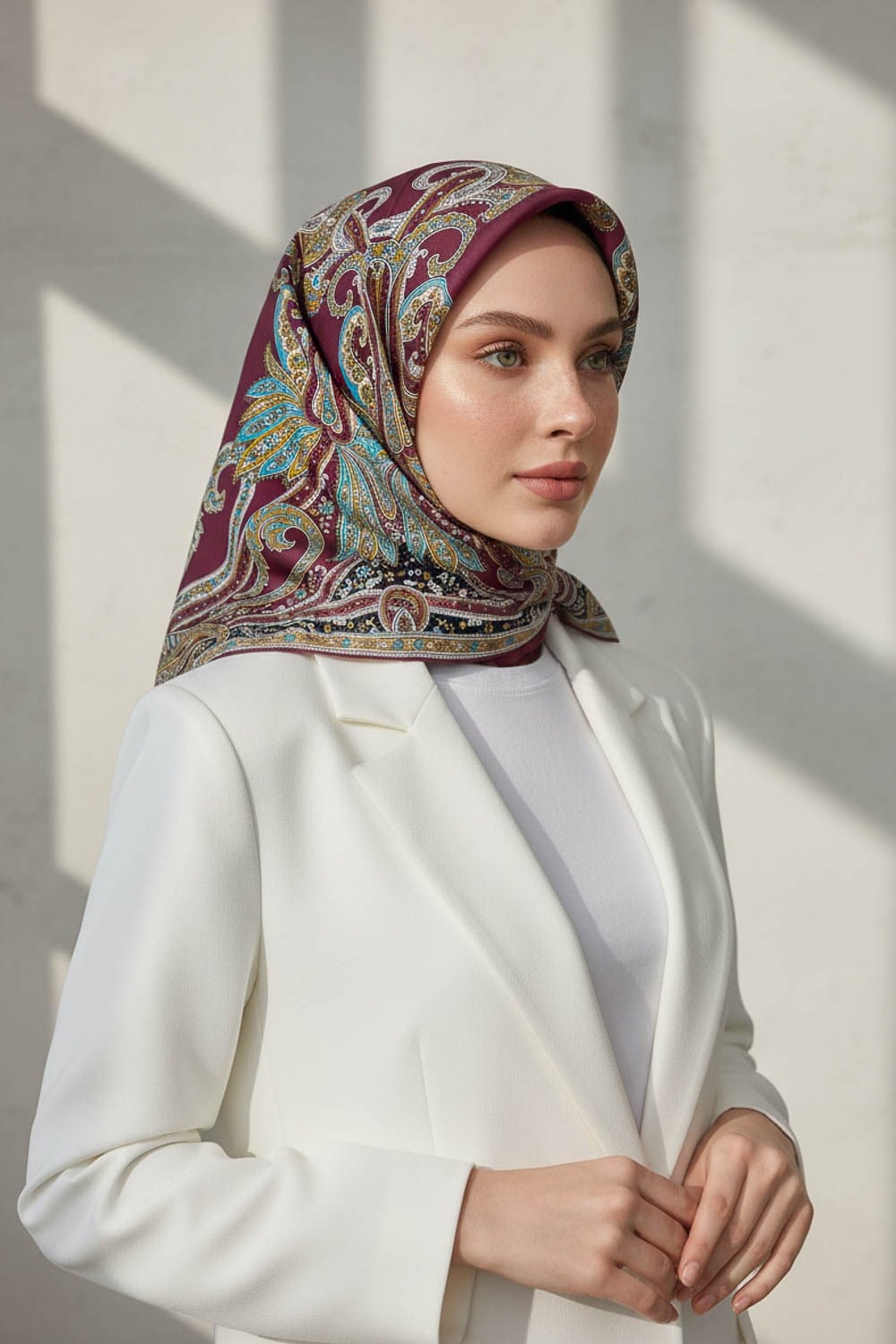 %100 Twill İpek Şal Desenli Bordo Renkli 90x90 Eşarp Dikim Şekli : El Dikişi