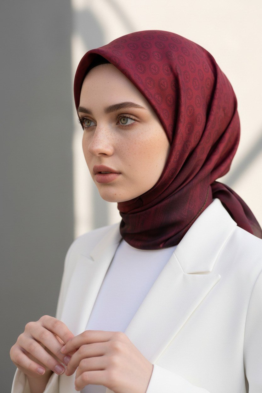 100% Twill İpek Monogram Desenli Bordo Renkli 90x90 Dikim Şekli : El Dikişi Eşarp