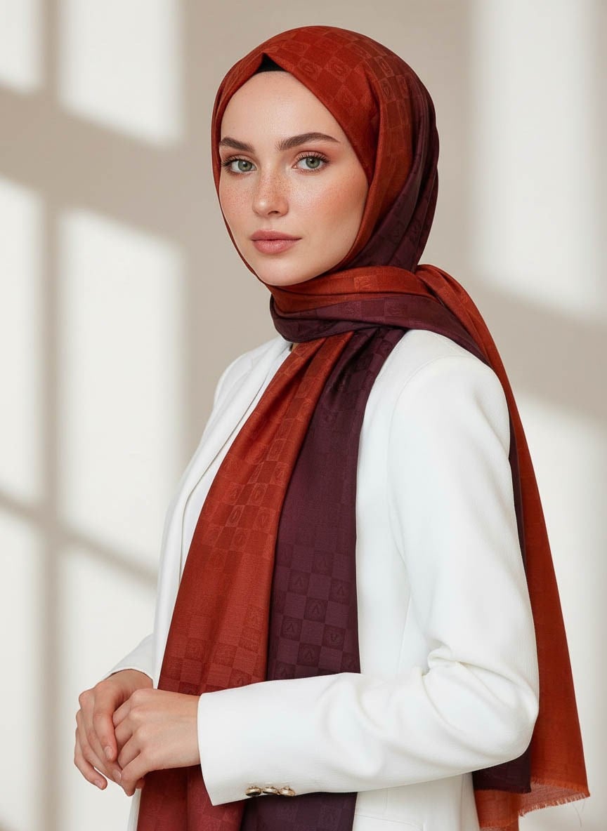 Vissona %57 İPEK %43 PAMUK Degrade Desenli Taba Renkli Şal -  70x190 Dikiş Tipi İtalyan Dikişli
