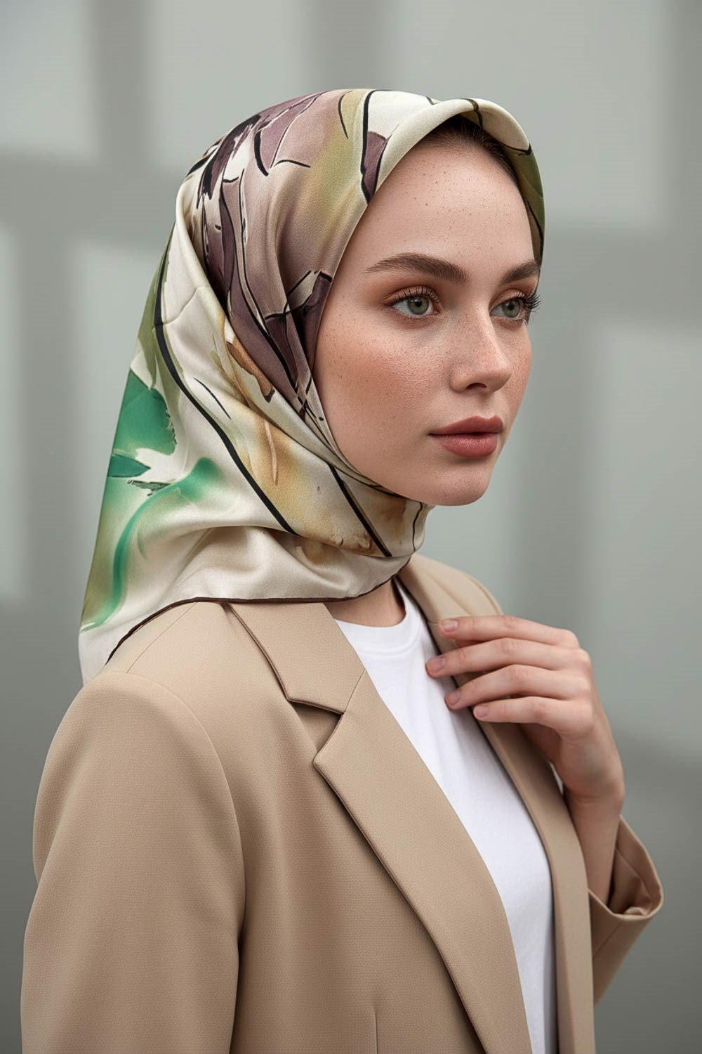 %100 Twill İpek Sulu Boya Çiçek Desenli Vizon Renkli 90x90 Eşarp Dikim Şekli : El Dikişi