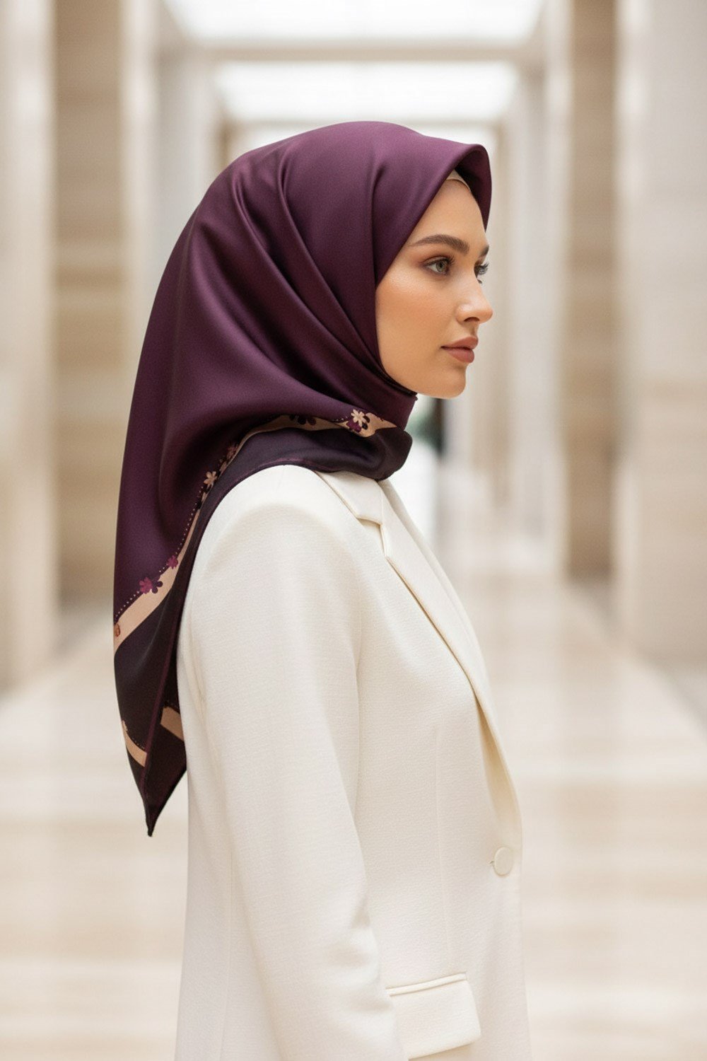 %100 Twill İpek Kenar Motifi Çiçek Desenli Şarabi - Bej Renkli 90x90 Eşarp Dikim Şekli : El Dikişi