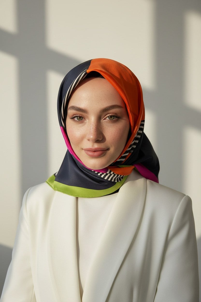 %100 Twill İpek Çizgili ve Geometrik Desenli Turuncu - Fıstık Yeşili Renkli 90x90 Eşarp Dikim Şekli : El Dikişi