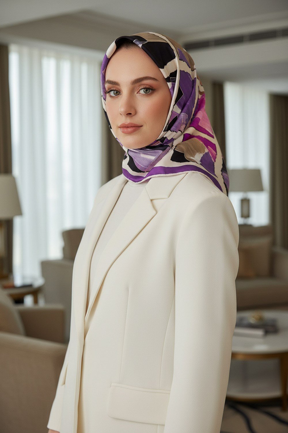 %100 Twill İpek Geometrik Desenli Mor - Pembe Renkli 90x90 Eşarp Dikim Şekli : El Dikişi