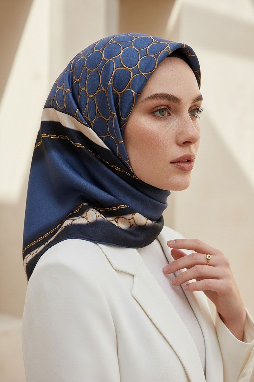 %100 Twill İpek Gold Halka Desenli İndigo - Lacivert Renkli 90x90 Eşarp Dikim Şekli : El Dikişi