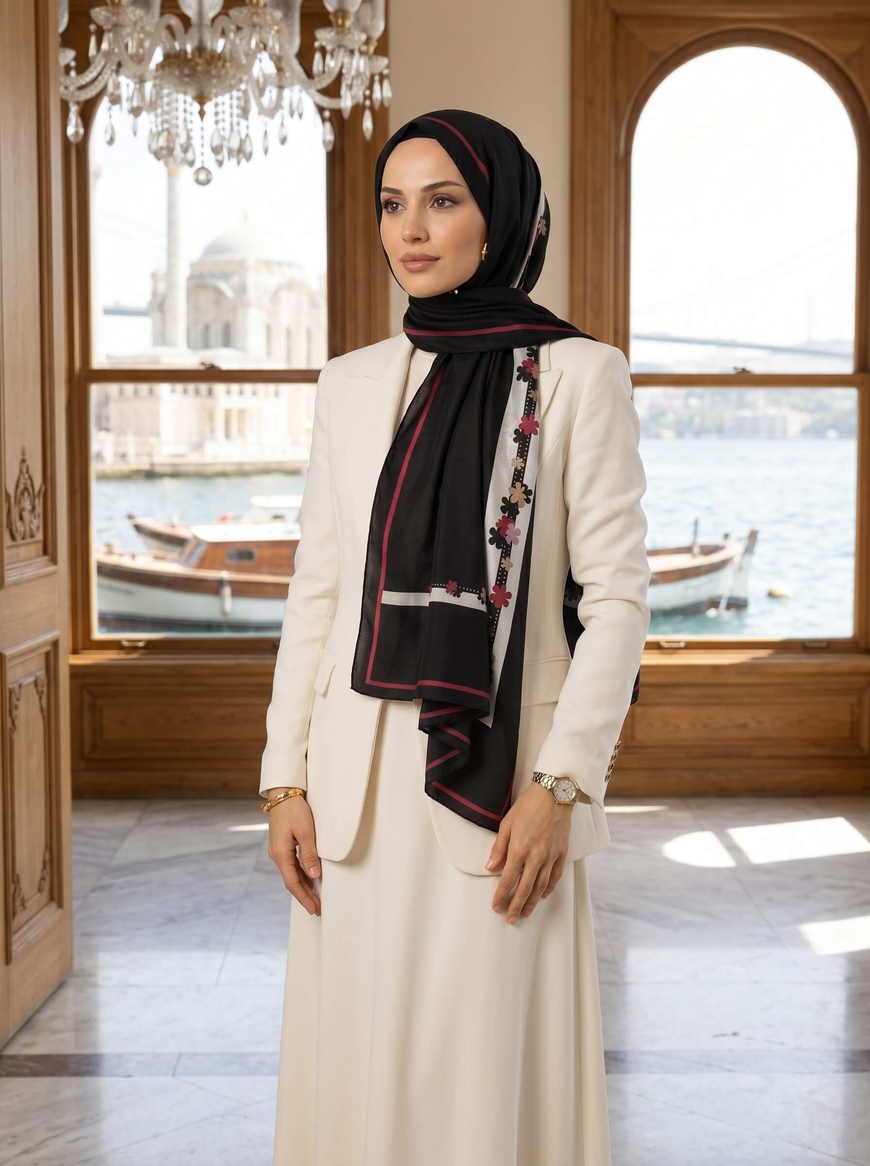 %100 Saf İpek Şal İnce Saten Vual Dokuma Çiçek Desenli Siyah Renkli 90x210 Şal