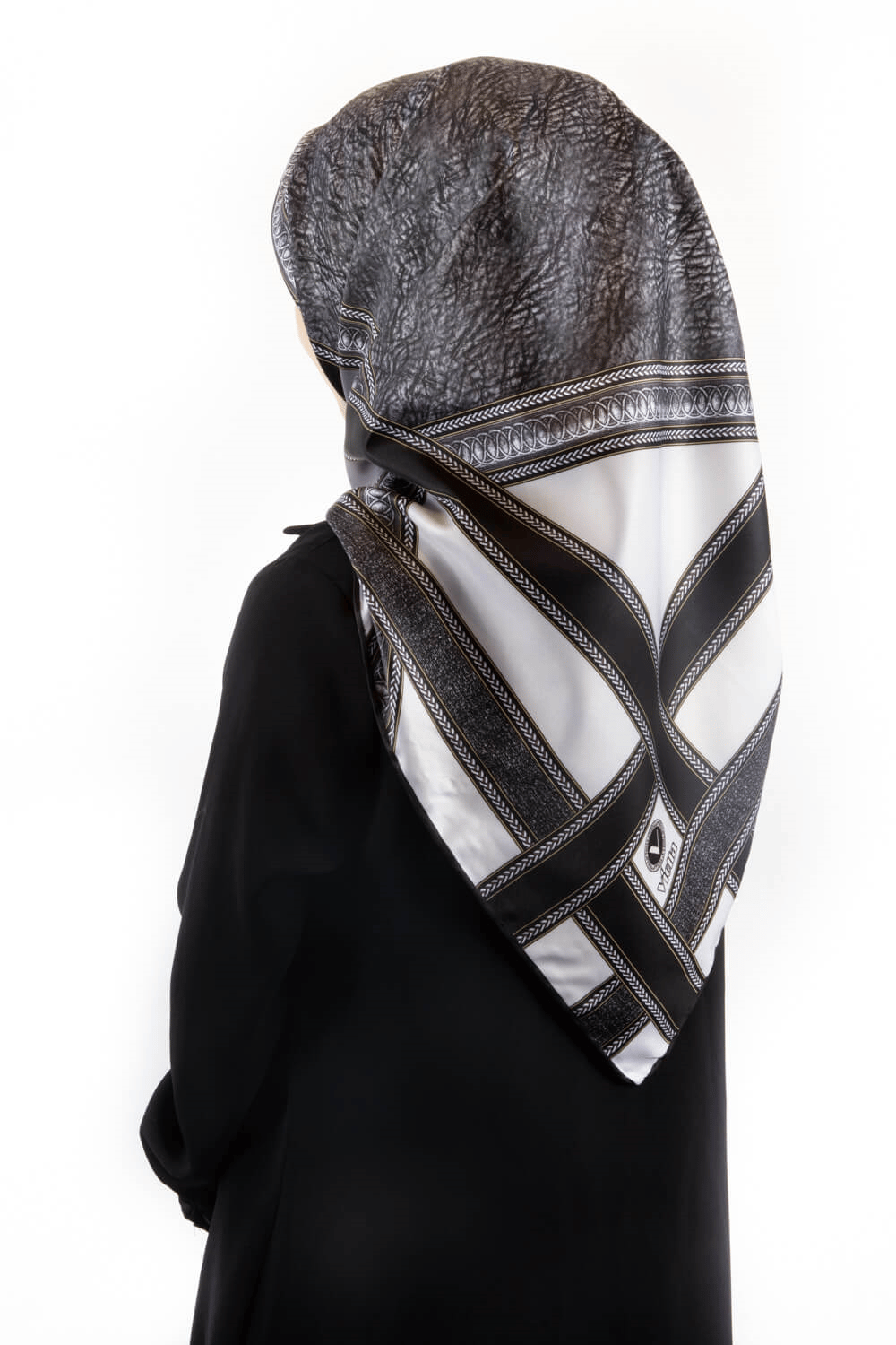 Twill Bordür Taş Desenli Gri Renkli 90x90 Eşarp (İpek İçermez) Kenar Dikiş Şekli El Dikişli