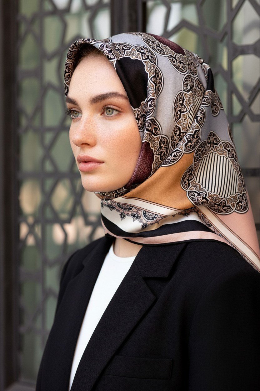 %100 Twill Türk Motifi  Desenli Pudra - Bej Renkli 90x90 Eşarp Dikim Şekli: El Dikişi