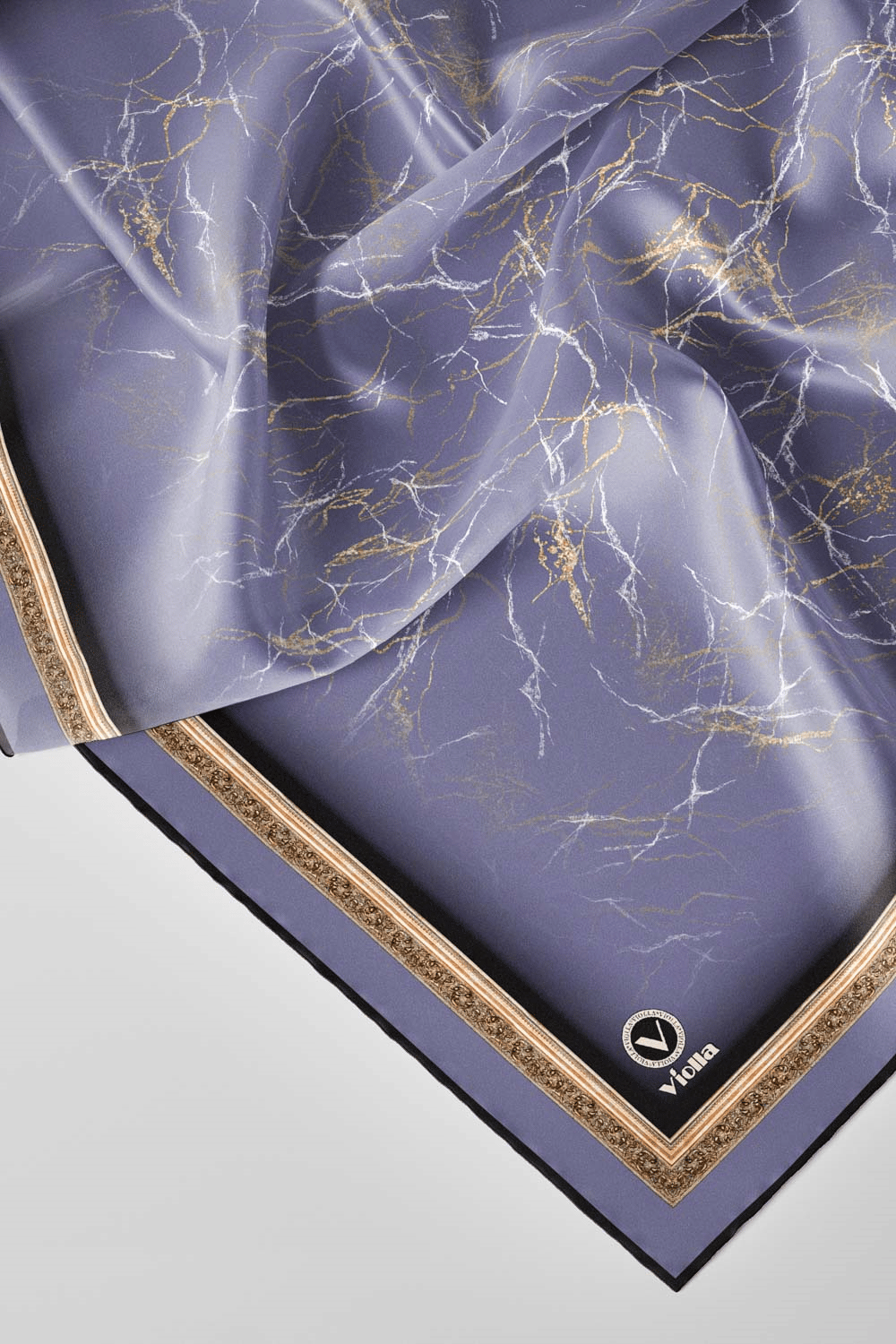 Twill Barok Çerçeveli Mermer Desenli İndigo Renkli 90x90 Eşarp (İpek İçermez) Kenar Dikiş Şekli El Dikişli