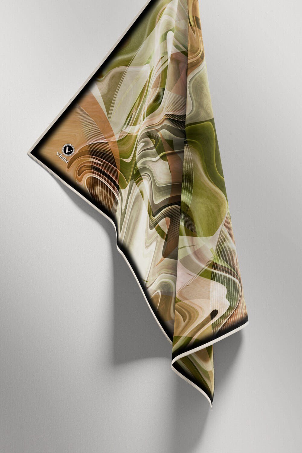 Twill Soyut Dalga Desenli Haki Renkli 90x90 Eşarp (İpek İçermez) Dikim Şekli : El Dikişi