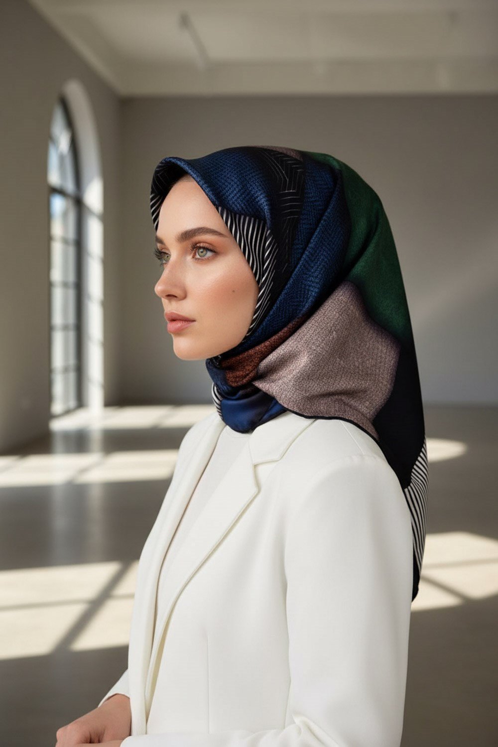 %100 Twill İpek Dokulu ve Geometrik Desenli Lacivert - Zümrüt Yeşili Renkli 90x90 Eşarp Dikim Şekli : El Dikişi