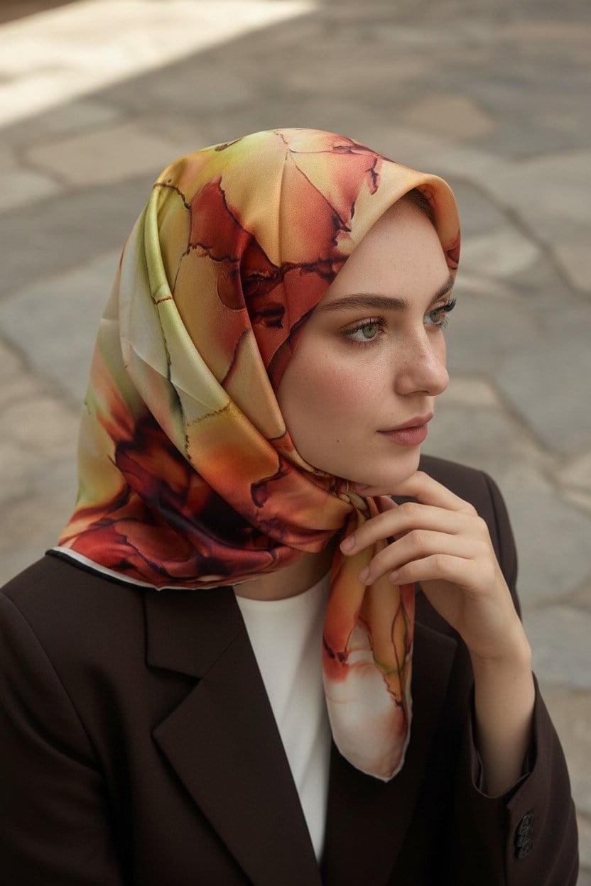 %100 Twill İpek Batik Çiçek Desenli Taba - Haki Yeşili Renkli 90x90 Eşarp Kenar Dikiş Şekli El Dikişli