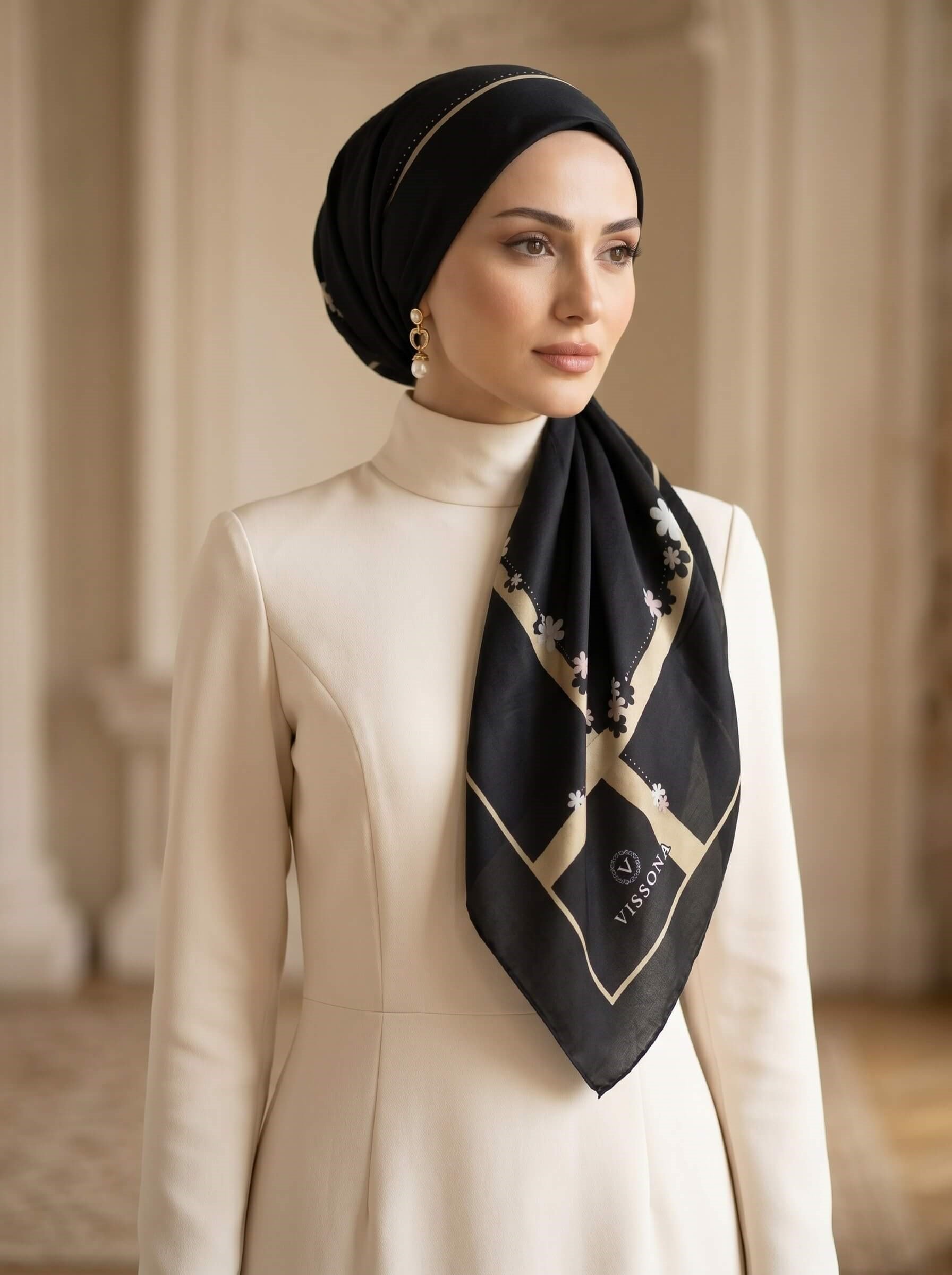 %100 Saf İpek Şal İnce Saten Vual Dokuma Çiçek Desenli Siyah - Bej Renkli 90x210 Şal