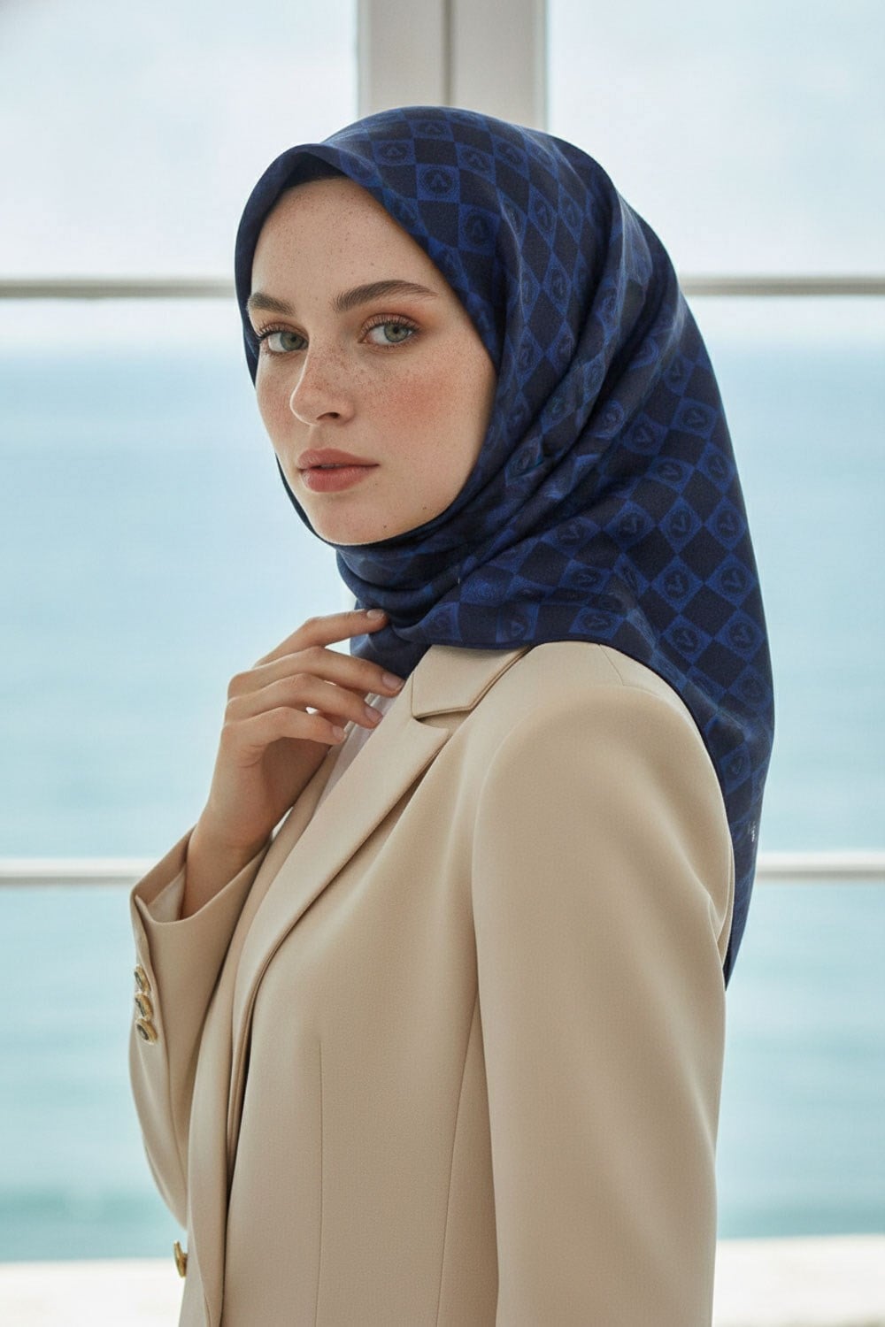 %57 İPEK % 43 VİSKON Twill İpek Monogram Desenli Lacivert Renkli 90x90 Eşarp Dikim Şekli : El Dikişi