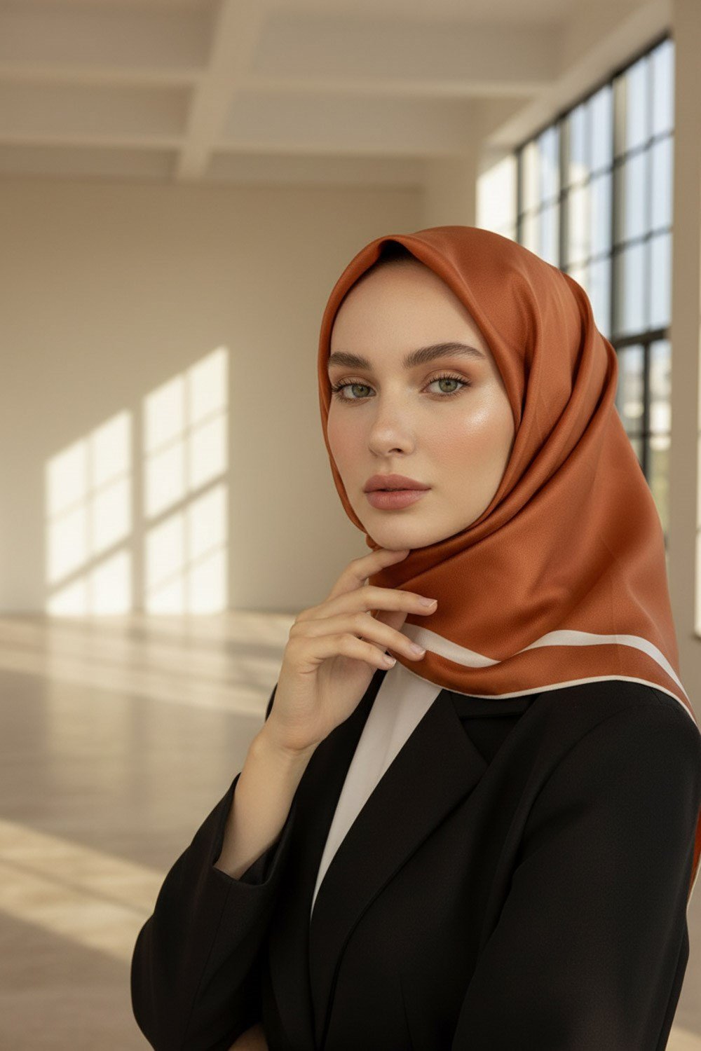 100% Twill İpek Düz Renk Bordür Desenli Taba - Krem Renkli Daha Tok Exclusive Serisi 90x90 Dikim Şekli : El Dikişi Eşarp